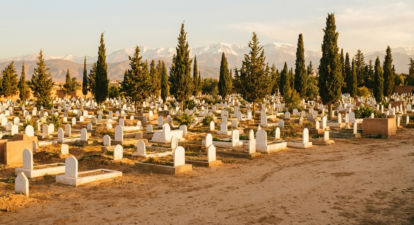 Photo respectueuse et sobre montrant l'entree d'un cimetiere marocain traditionnel avec ses tombes blanches alignees,...