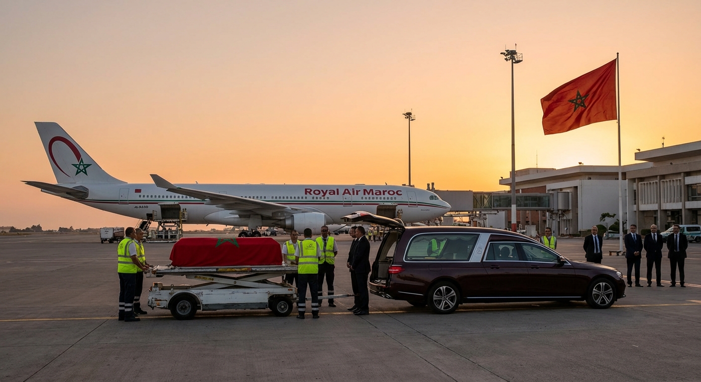 Photo sobre et respectueuse montrant un avion sur le tarmac au coucher du soleil, evoquant le voyage de retour vers le...