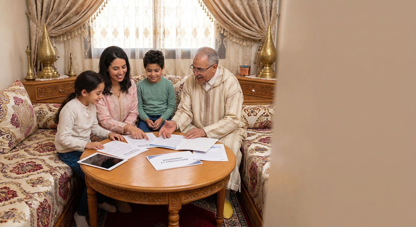 Photo editoriale montrant une famille marocaine reunis dans un salon, consultant des documents ensemble