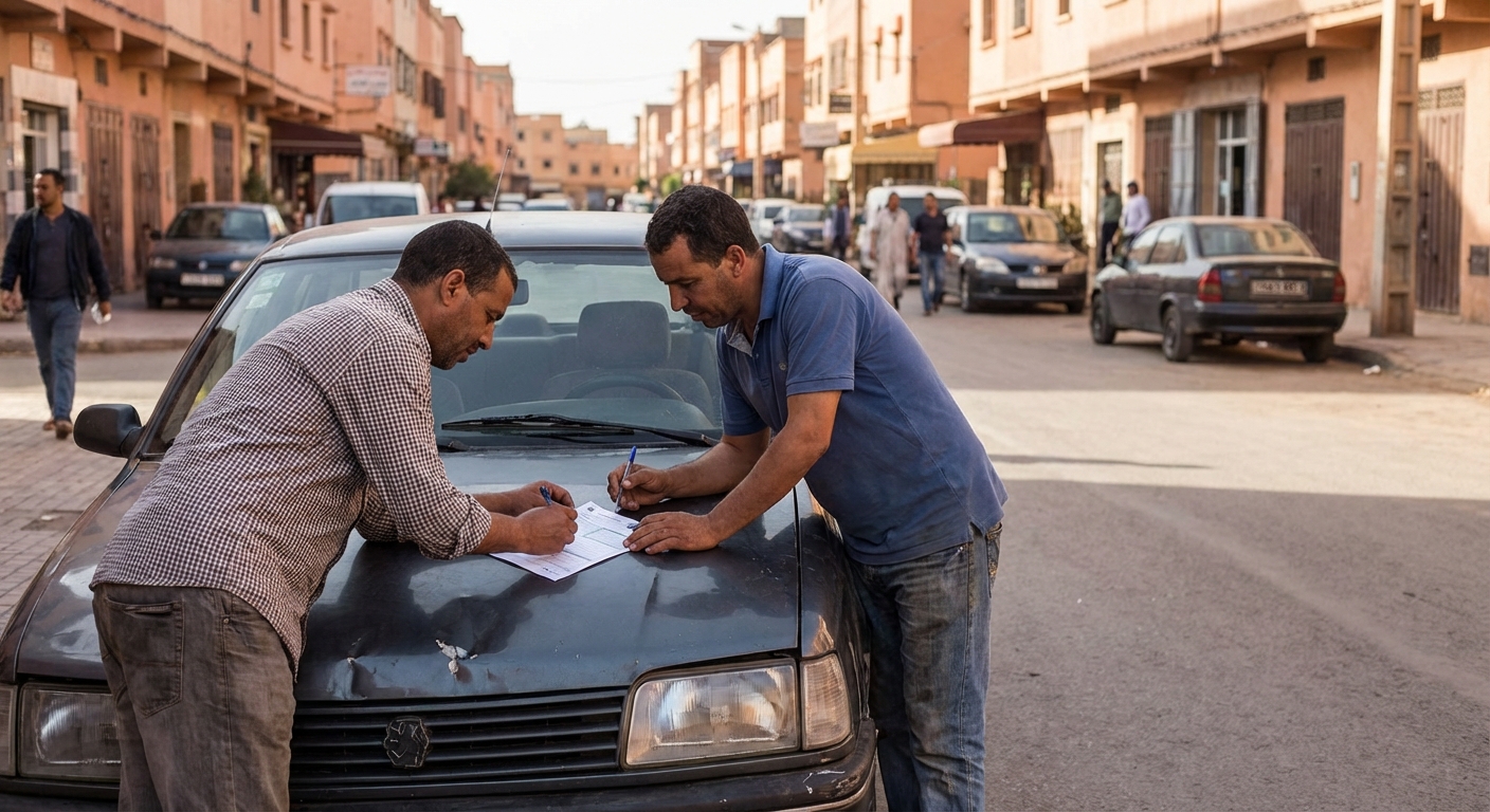 Photo d'un formulaire de constat amiable vierge pose sur le capot d'une voiture, avec un stylo a cote, dans un contexte...
